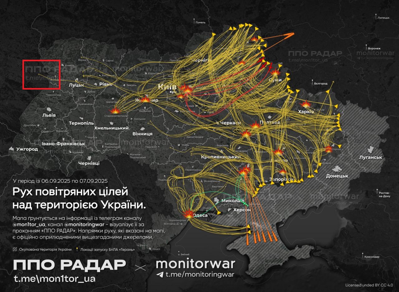 Map of the routes of Russian drones and missiles during the attack on Ukraine on the night of September 6-7, 2025. Infographic: t.me/mon1tor_ua