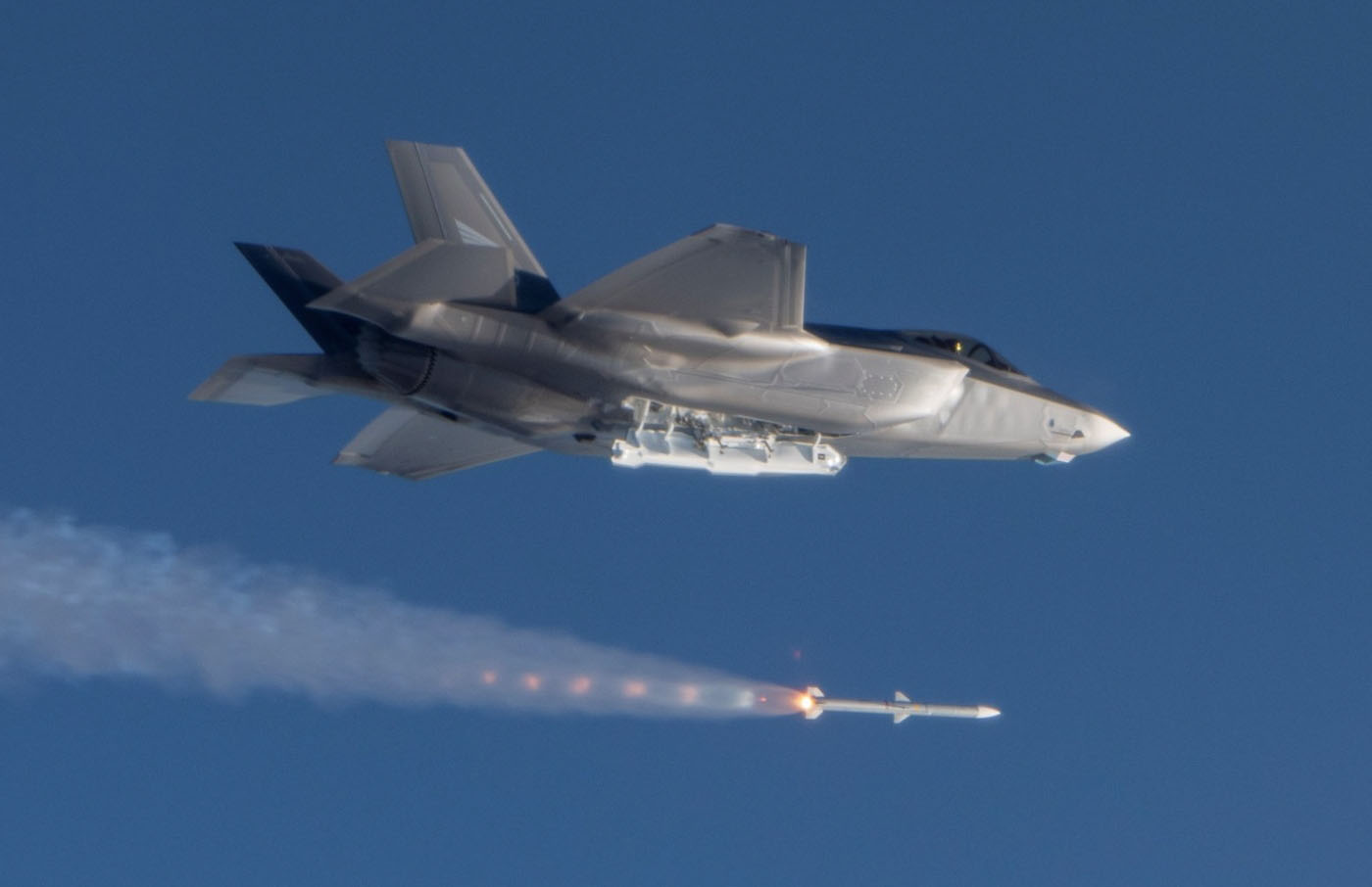 An F-35 fighter jet of the Norwegian Air Force launches an AIM-120 missile. 2019. Photo credits: Helge Hopen