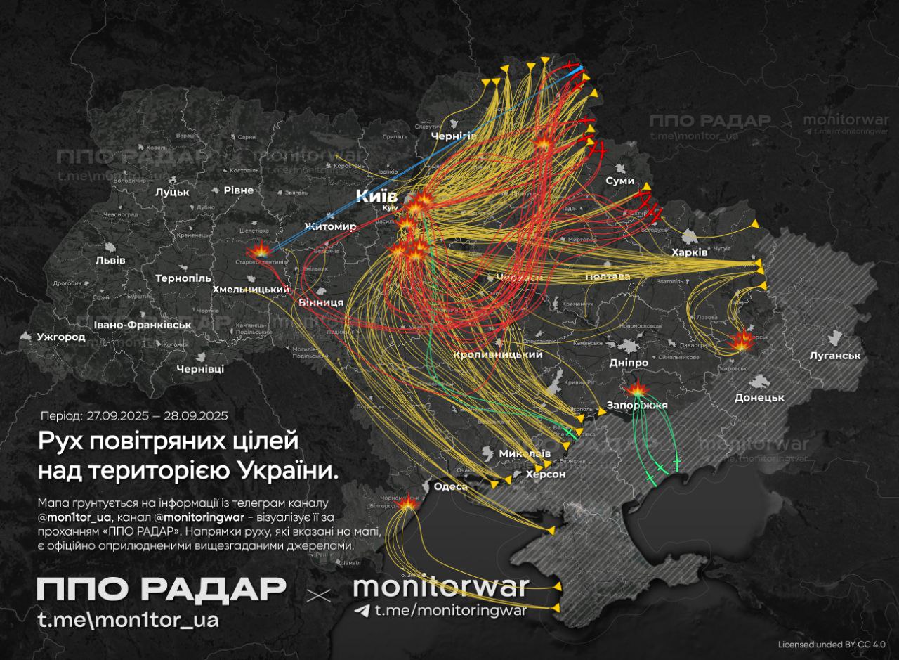 Карта масованої атаки на Україну 28.09.2025. Джерело: monitorwar та ППО Радар.