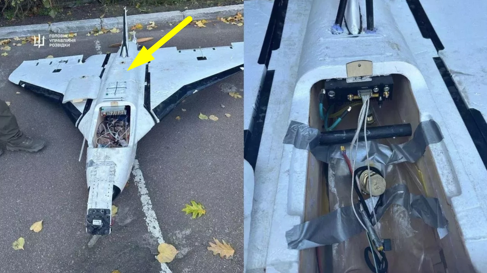 Placement of the fuel tank in the Russian Gerbera drone that crashed in Ukraine. Pgoto credits: DIU