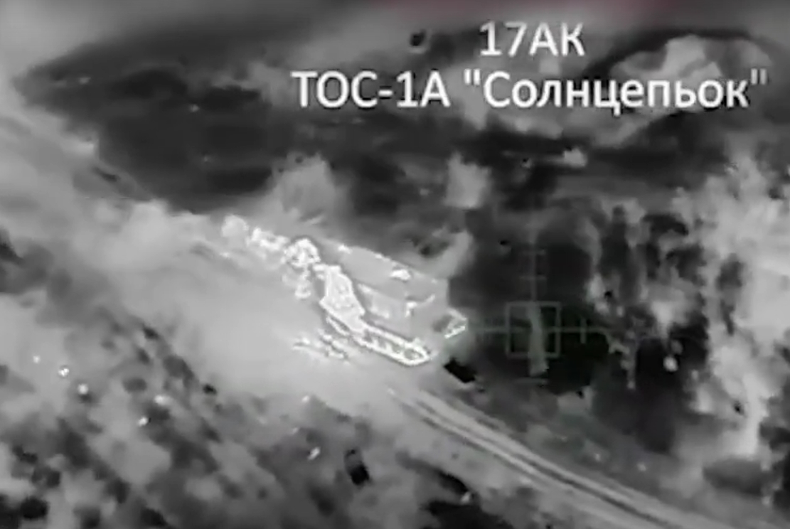 A targeted TOS-1A captured by a drone of the 27th Separate Brigade of the National Guard of Ukraine. Photo credits: 17 AK