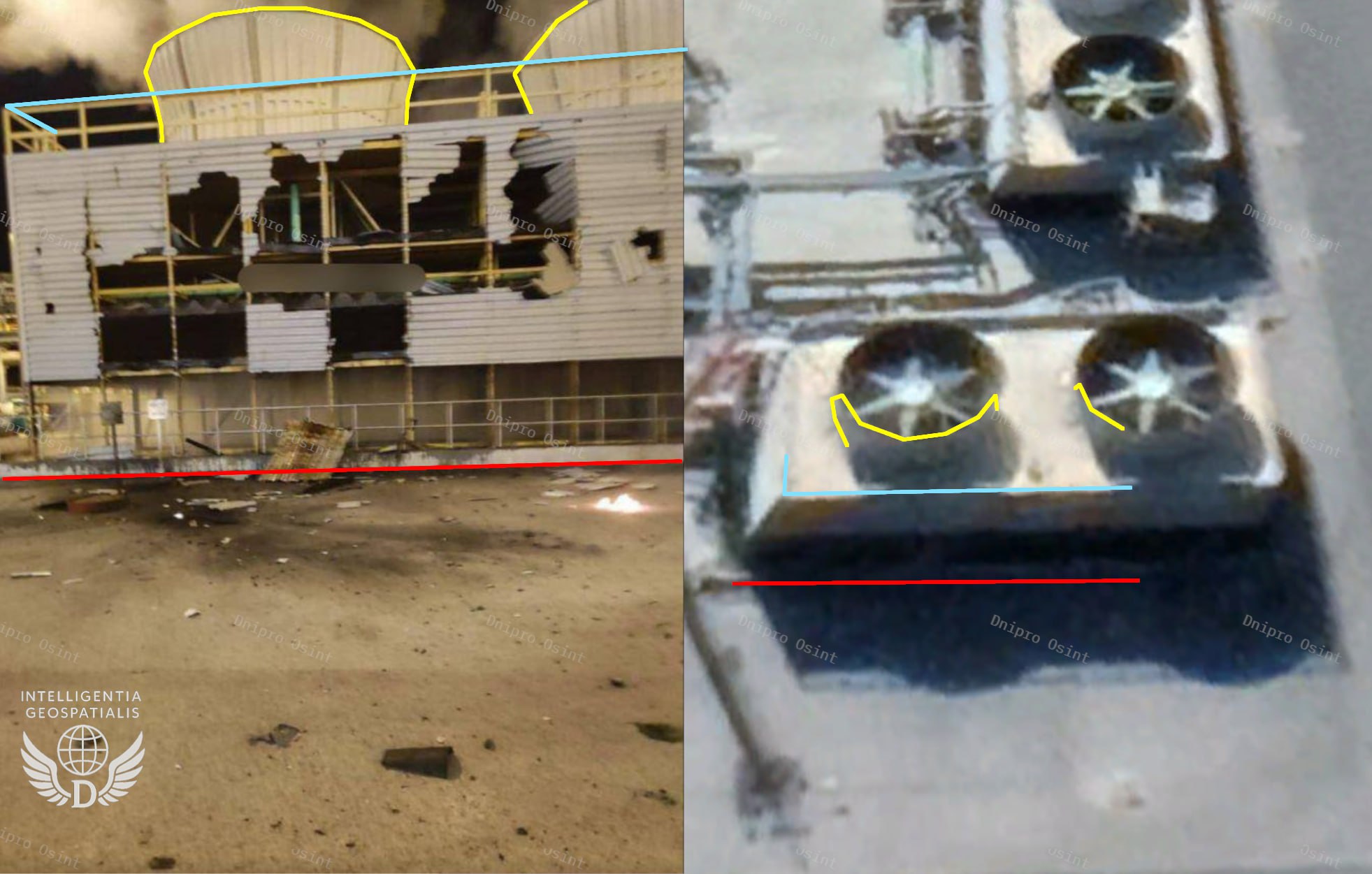 Пошкоджена градирня Тюменського НПЗ. Жовтень 2025 року. Джерело: Dnipro Osint