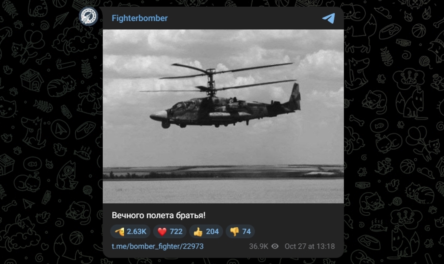 Російський гелікоптер Ка-52, який ймовірно збили над Україною. Джерело: Fighterbomber