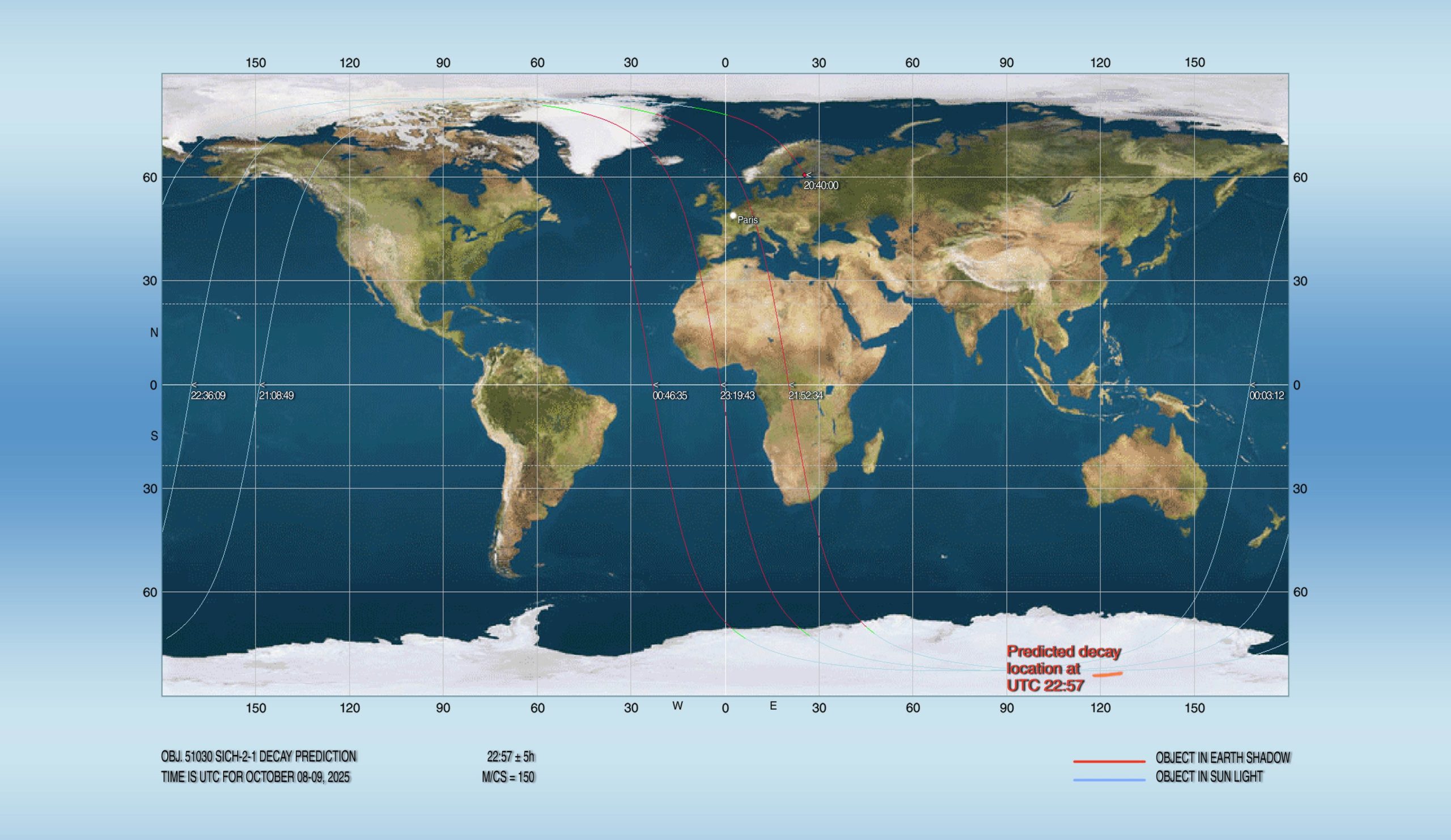 Орієнтовне місце падіння супутника «Січ-2-30». Джерело: Joseph Remis