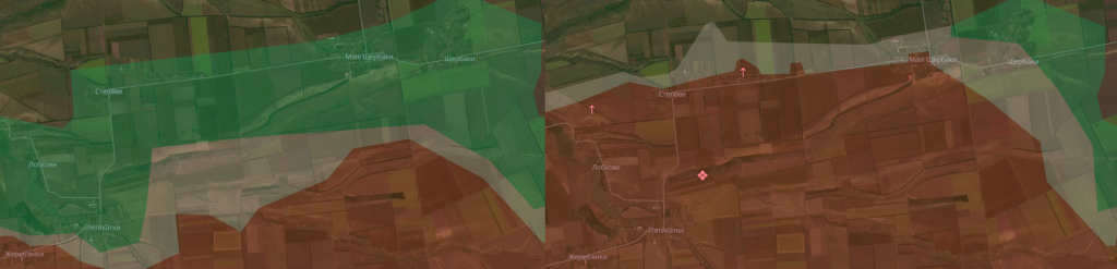 Порівняння ділянки фронту поблизу Малих Щербаків станом на 1 березня 20205 (ліворуч) та 11 жовтня 2025 (праворуч). Карта DeepState