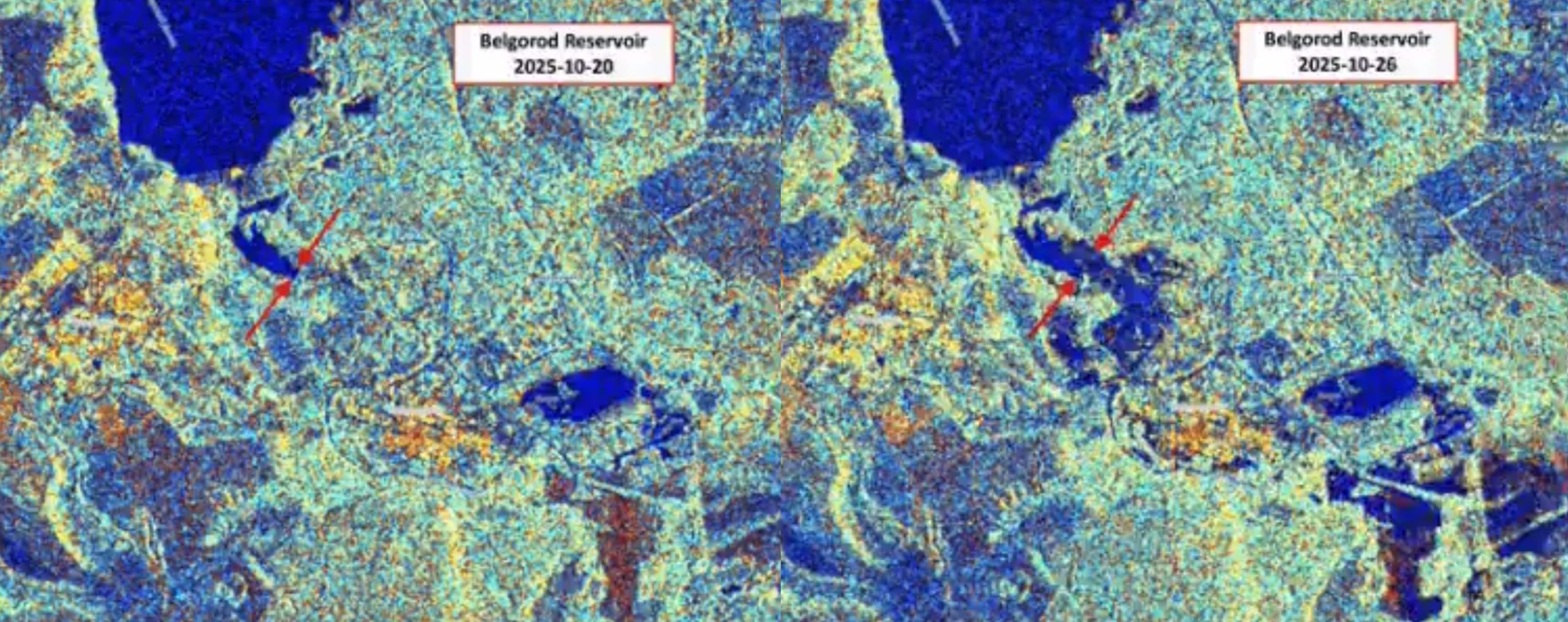 Знімок до і після спуску води на Білгородській дамбі. Жовтень 2025 року. Джерело: Exilenova+