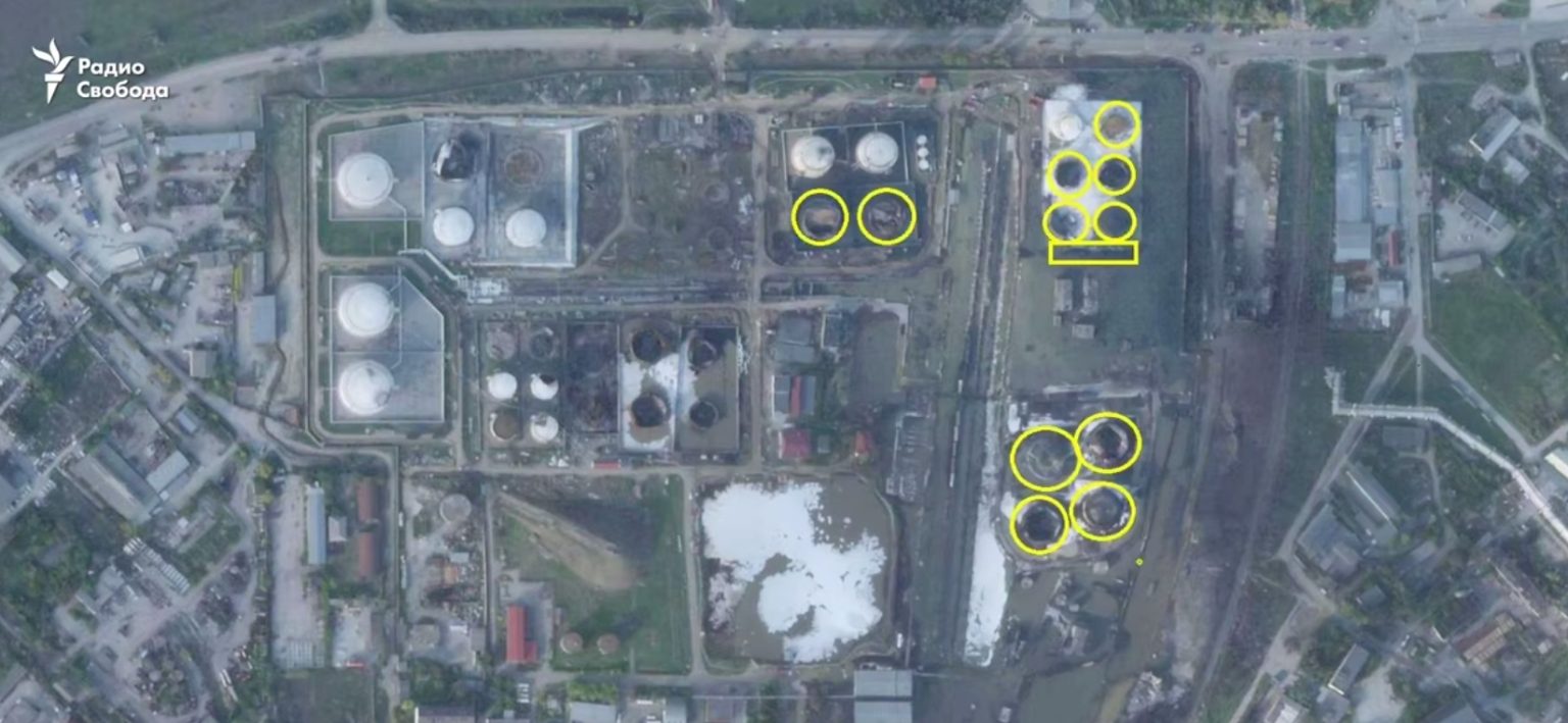 Satellite image of damage to the oil terminal in Feodosia. Photo credits: Radio Liberty