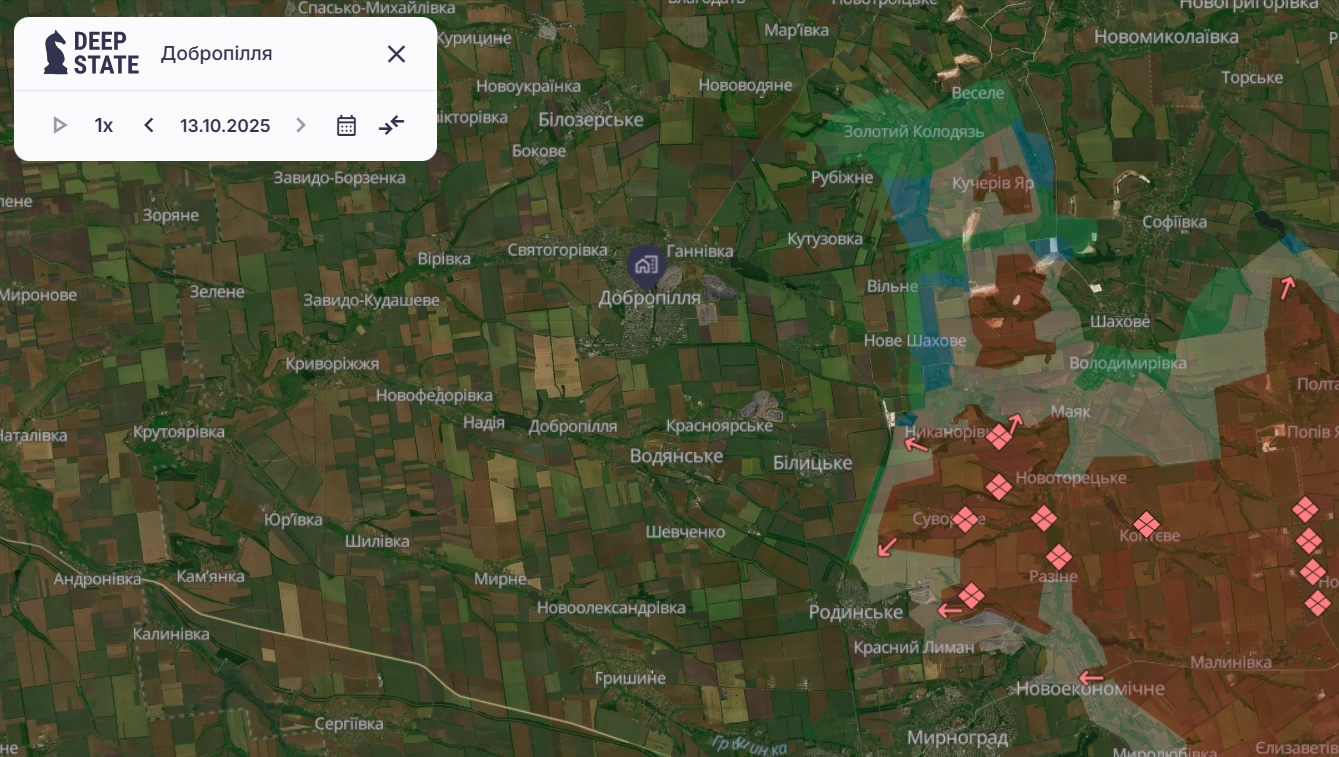 Ситуація в районі Добропілля станом на 13.10.2025. Джерело: Deep State.