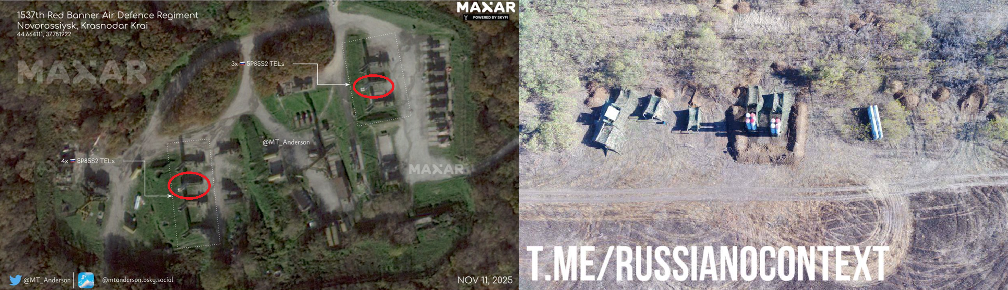 A comparison collage of two “suspicious” S-400 launchers in Novorossiysk on November 11 and the decoys. Photo credit: MT Anderson via MAXAR and AS22im.