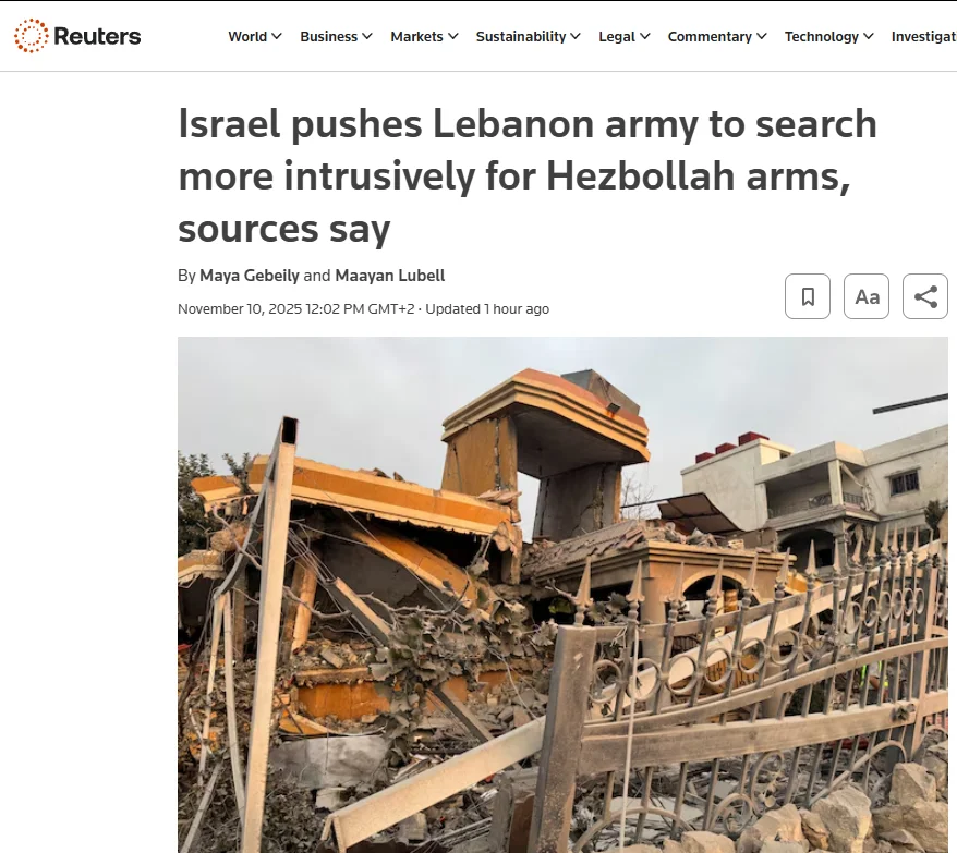 Публікація Reuters 10.11.2025. Israel pushes Lebanon army to search more intrusively for Hezbollah arms, sources say. Скріншот.