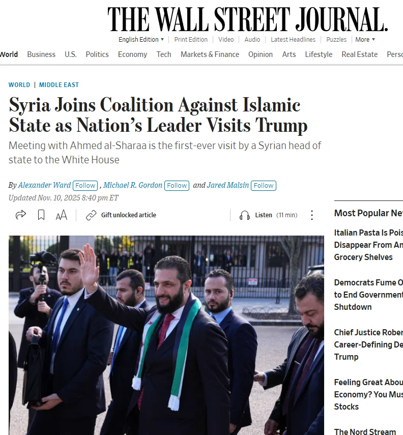 Публікація The Wall Street Journal від 11.11.2025. Syria Joins Coalition Against Islamic State as Nation’s Leader Visits Trump. Скріншот.