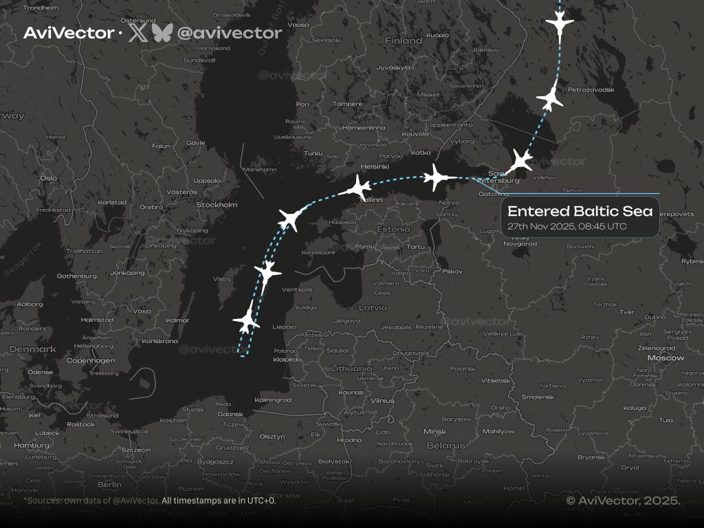 Маршрут польоту Ту-22М3. 27 листопада 2025 року. Джерело: AviVector