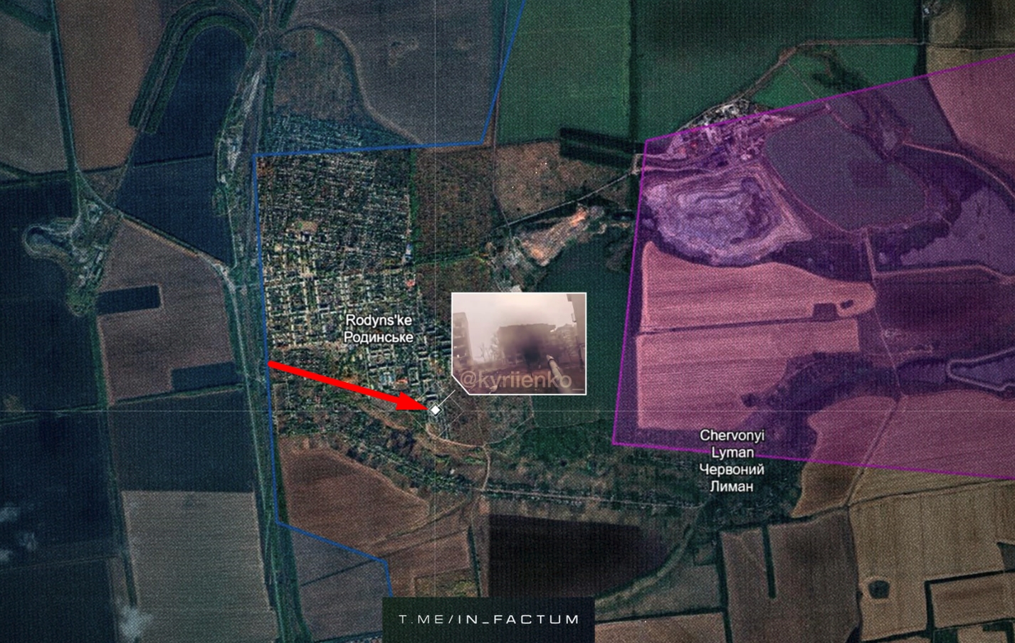 Місце бою українського танка у місті Родинське. Джерело: t.me/in_factum