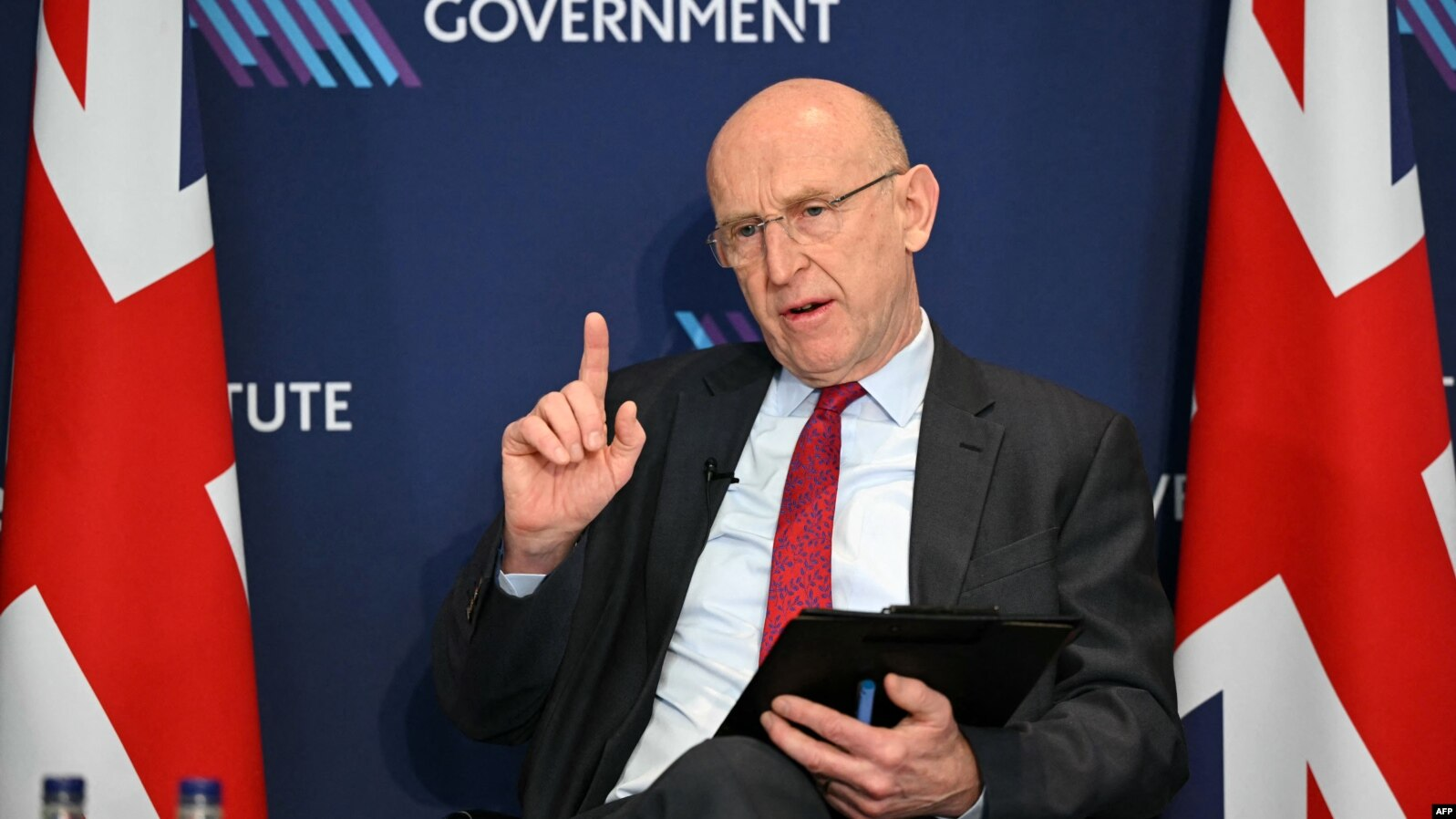 UK Secretary of State for Defense John Healey at the Institute for Government in London, February 18, 2025. Photo credits: AFP