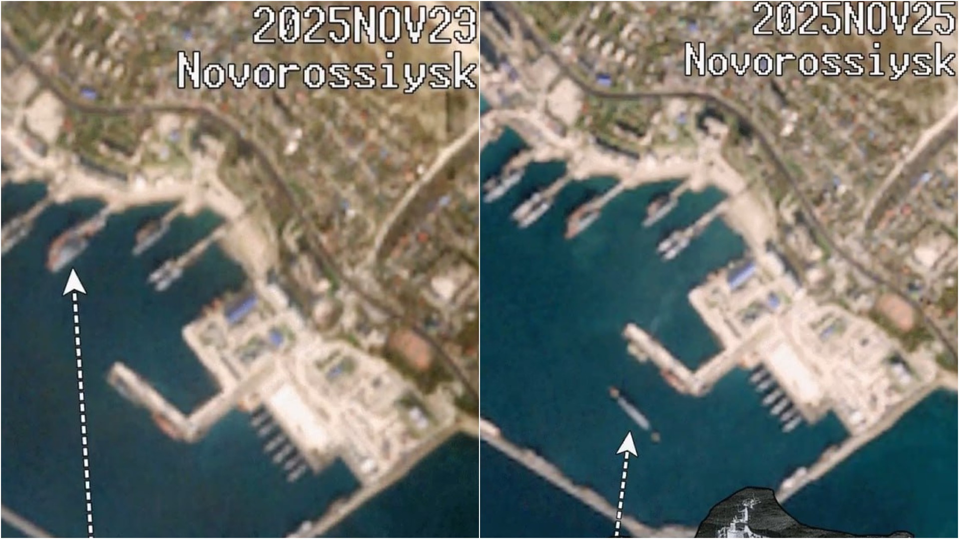 Tugboats and the movement of the ship in the port of Novorossiysk on November 25, 2025. Photo credits: @tom_bike