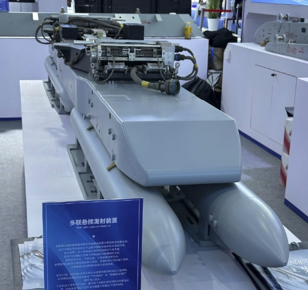 Chinese multi-point hardpoint launcher for heavy drones and fighter aircraft. Photo credits: Guancha