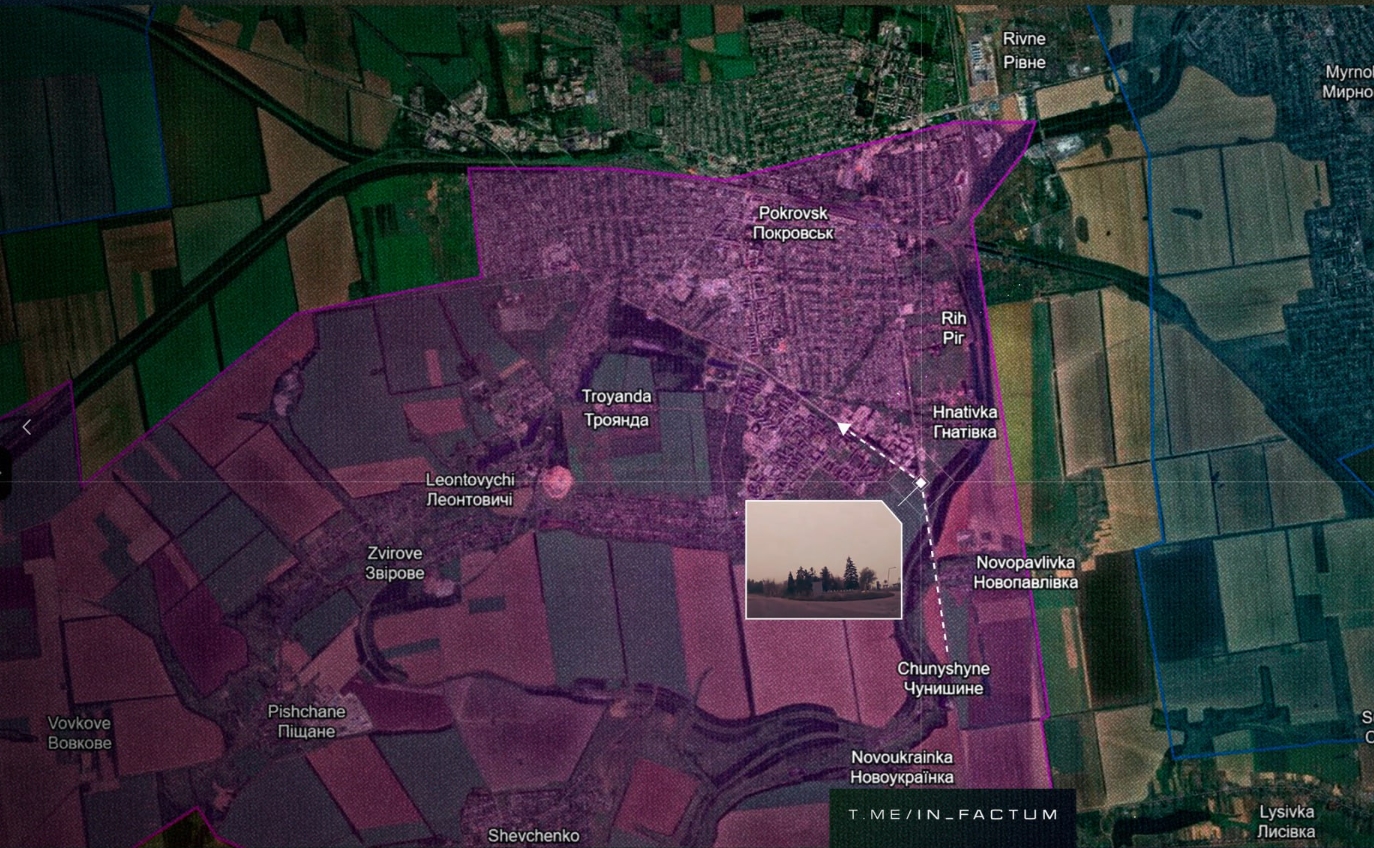 The E50 highway in the south of Pokrovsk, which is used by Russians to enter the city. Source: t.me/in_factum