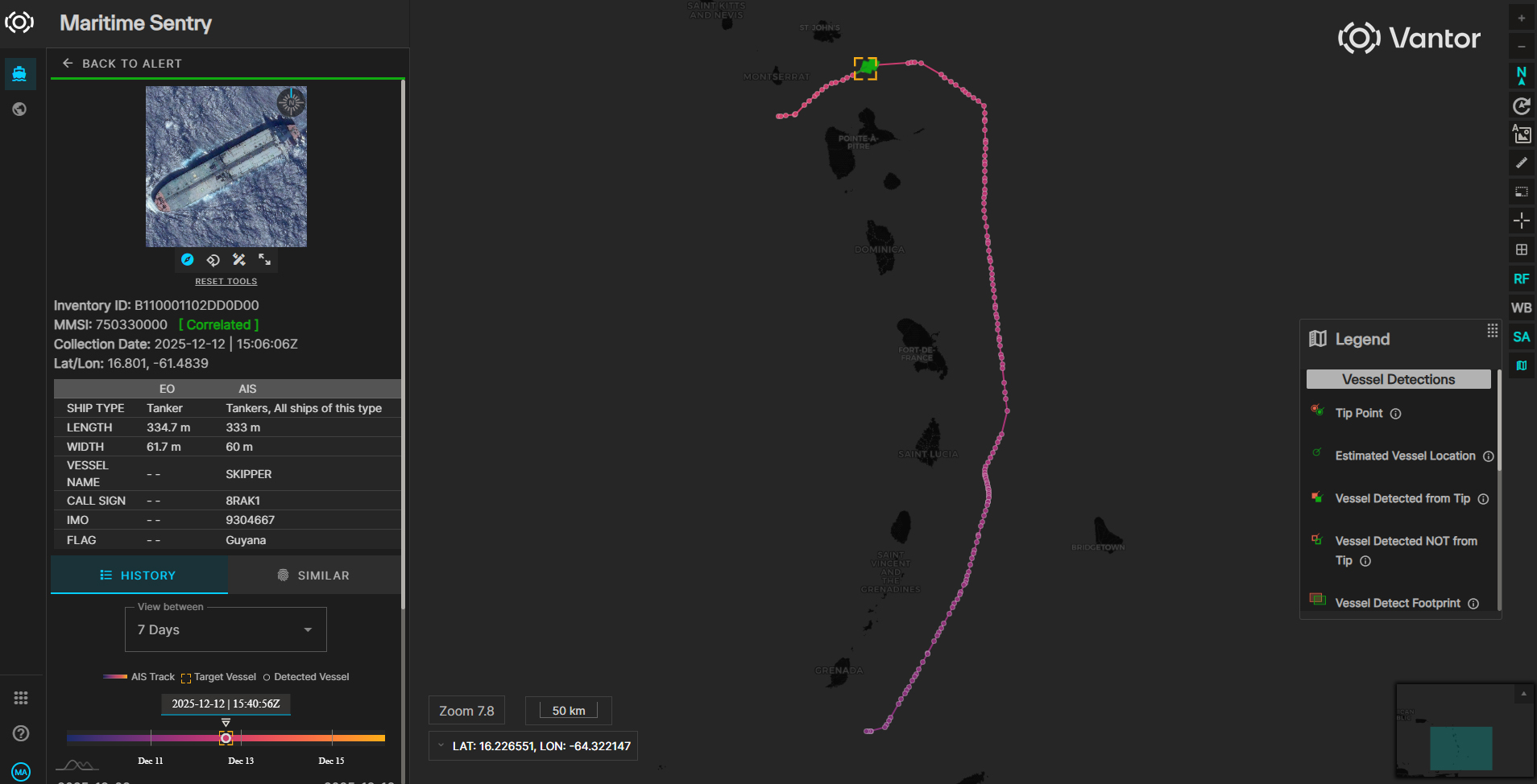 The route of the Iranian tanker seized by the United States off the coast of Venezuela. Photo credits: Vantor