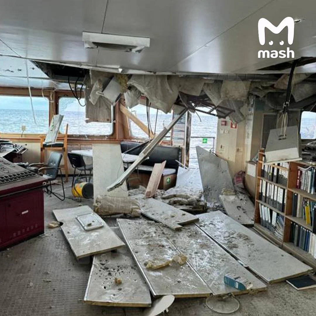 Russian media circulated a photo claiming to show the aftermath of a UAV strike on the Midvolga-2. Photo credits: Mash/Telegram