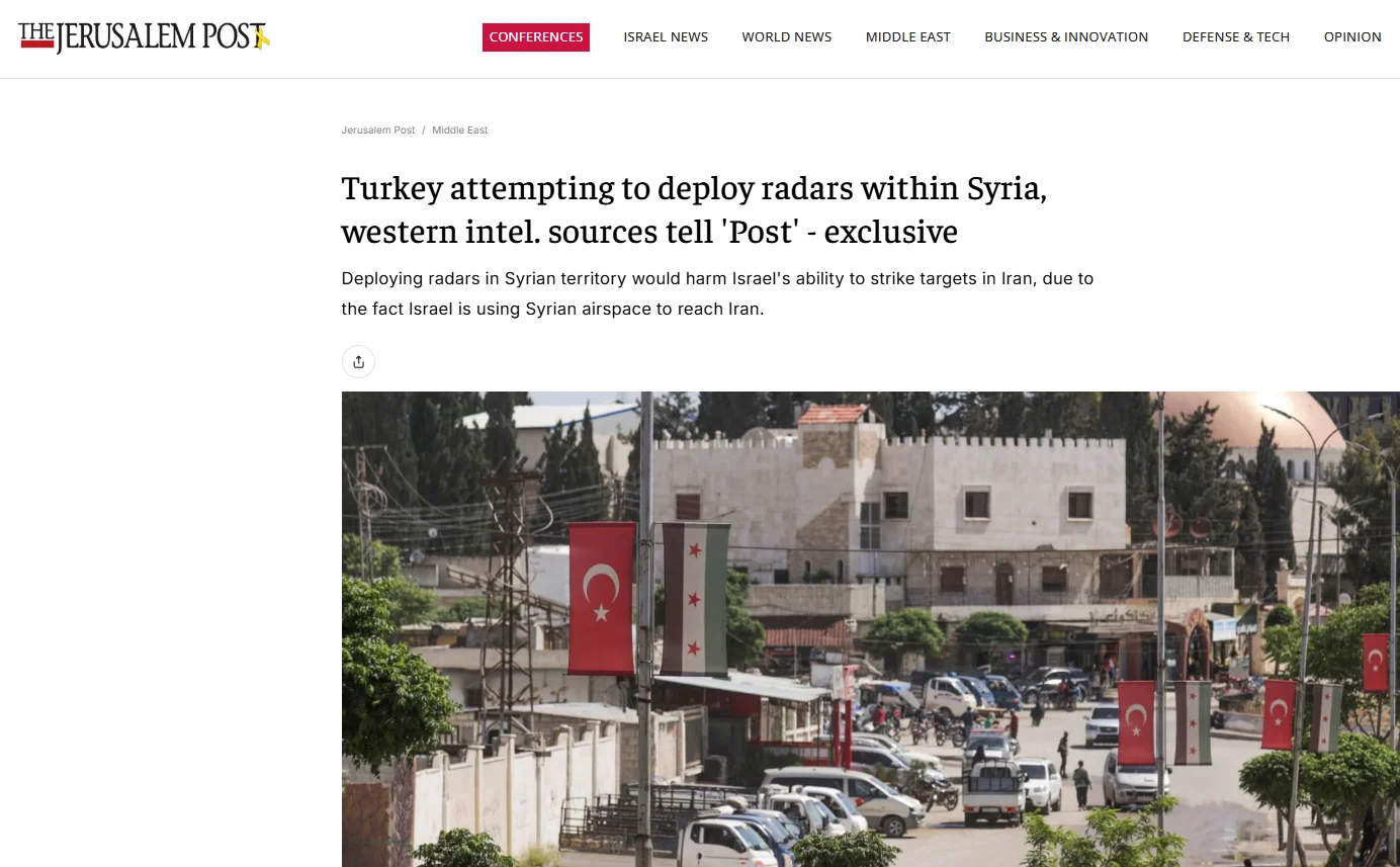 Публікація The Jerusalem Post від 25.12.2025. Turkey attempting to deploy radars within Syria, western intel. sources tell 'Post' – exclusive. Скріншот.