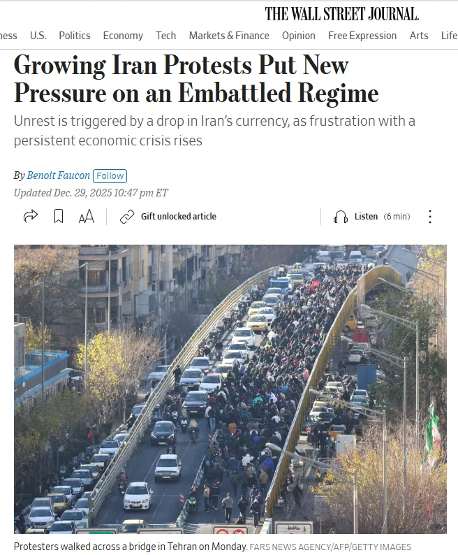 Публікація The Wall Street Journal від 29.12.2025. Growing Iran Protests Put New Pressure on an Embattled Regime. Скріншот.