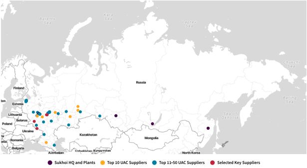 Карта ключових об'єктів-постачальників у виробництві літаків марки Сухой