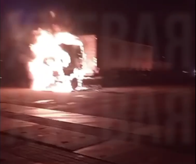 A truck burning after the Russian missile strike on the Odesa region on 19.12.2025. Freeze frame from XYDESSA LIVE video