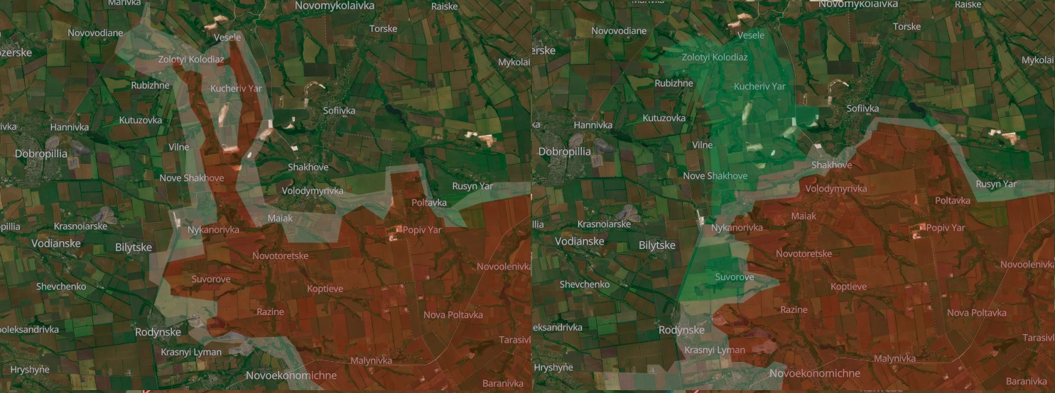 Порівняння карти DeepState за 14 серпня та 30 грудня в районі Добропілля