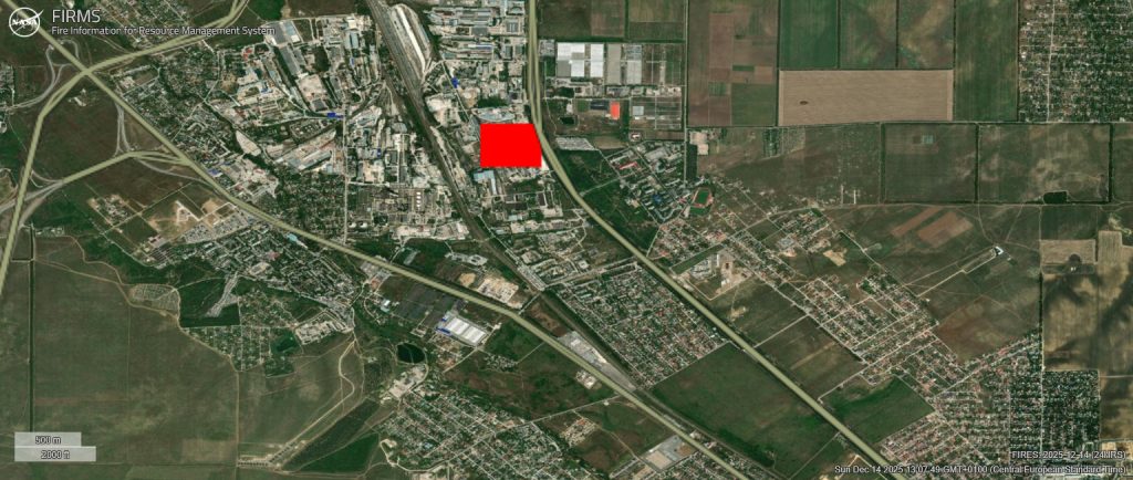 Пожежа на нафтобазі біля Сімферополя 14.12.2025. Фото NASA FIRMS