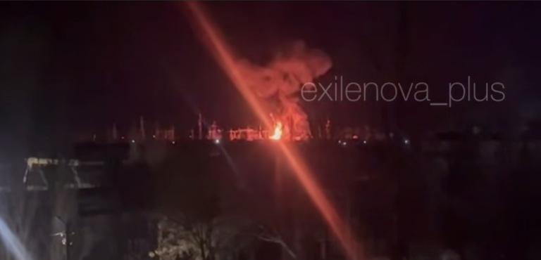 Fire at an oil depot in Simferopol, December 14, 2025. Screenshot from Exilenova+ video