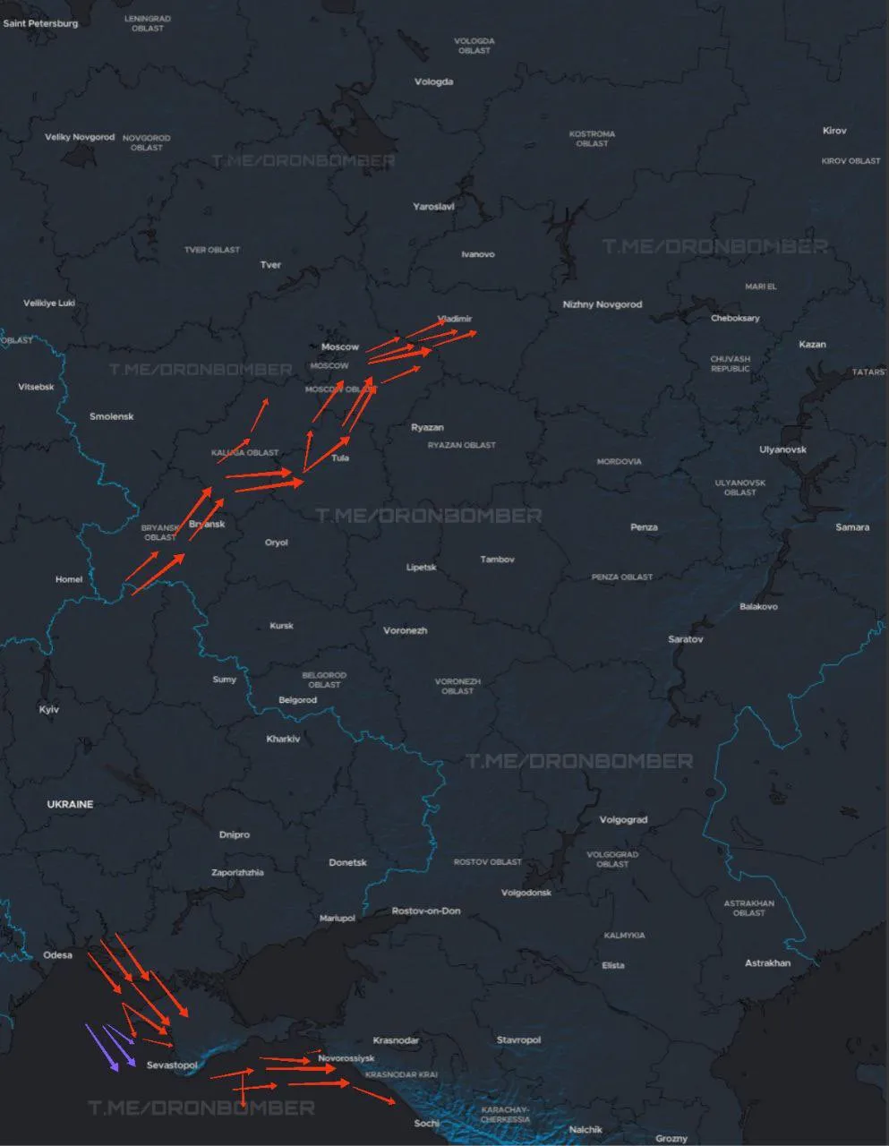 Movement of Ukrainian UAVs based on reports from Russian monitoring channels, 11 a.m., 15.12.2025. DroneBomber infographic