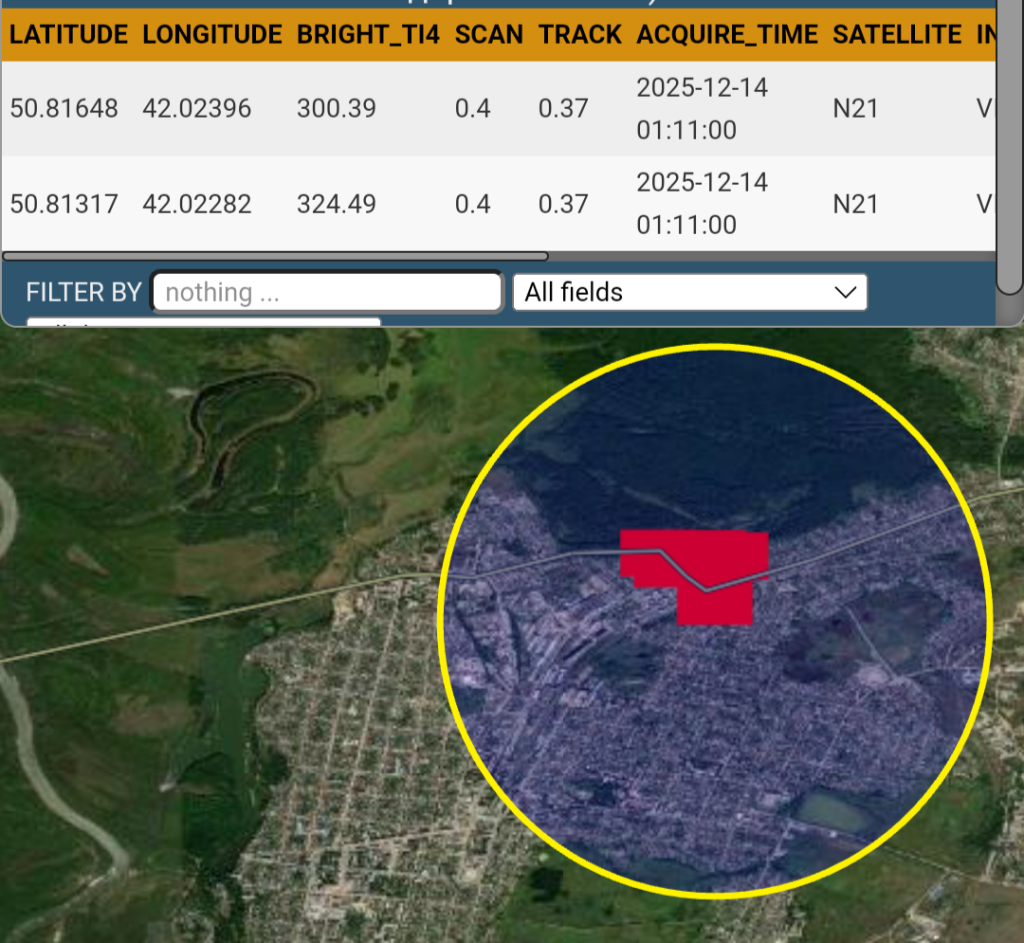Супутник NASA зафіксував пожежу на території нафтобази в Урюпінську. Фото: FIRMS