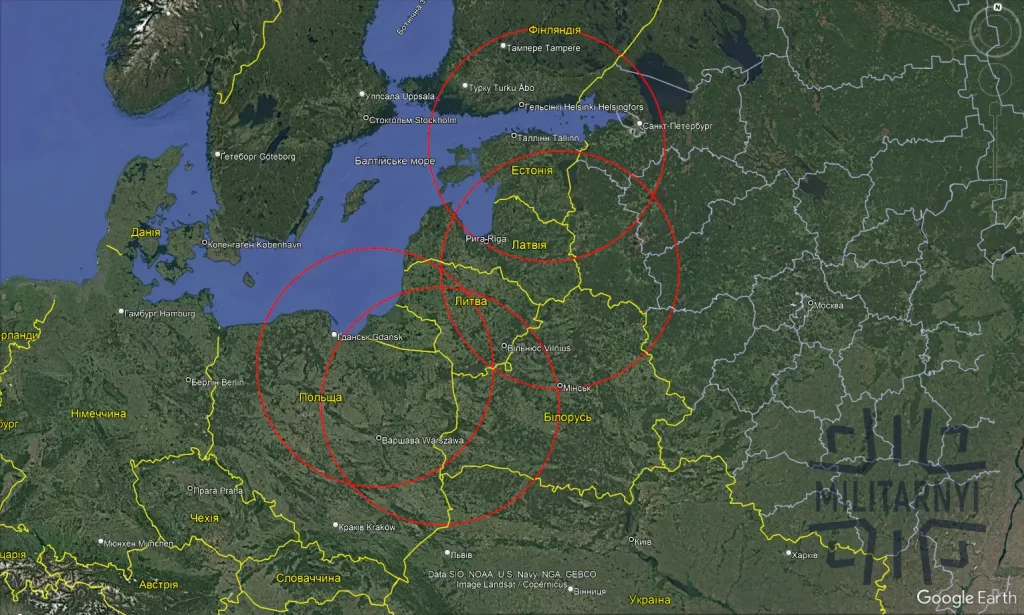 Умовні зони з радіусом 300 км та центром за приблизно 50 км від кордону країн НАТО. Ілюстрація Мілітарний