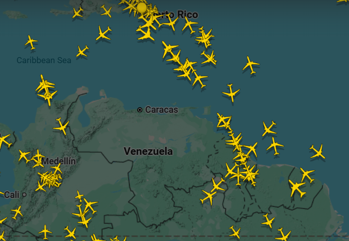 Повітряний простір Венесуели станом на 9:00 1-го грудня. Скріншот з сервісу Flightradar24