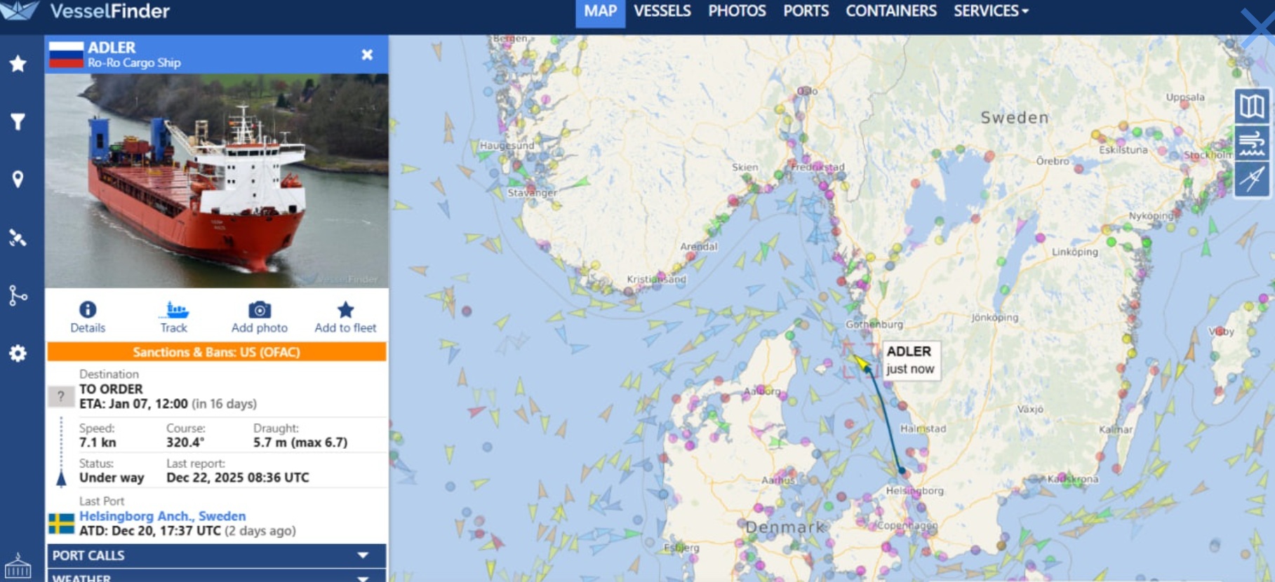 Російське судно «Адлер» продовжило рейс після митної перевірки у водах Швеції. Джерело: VesselFinder