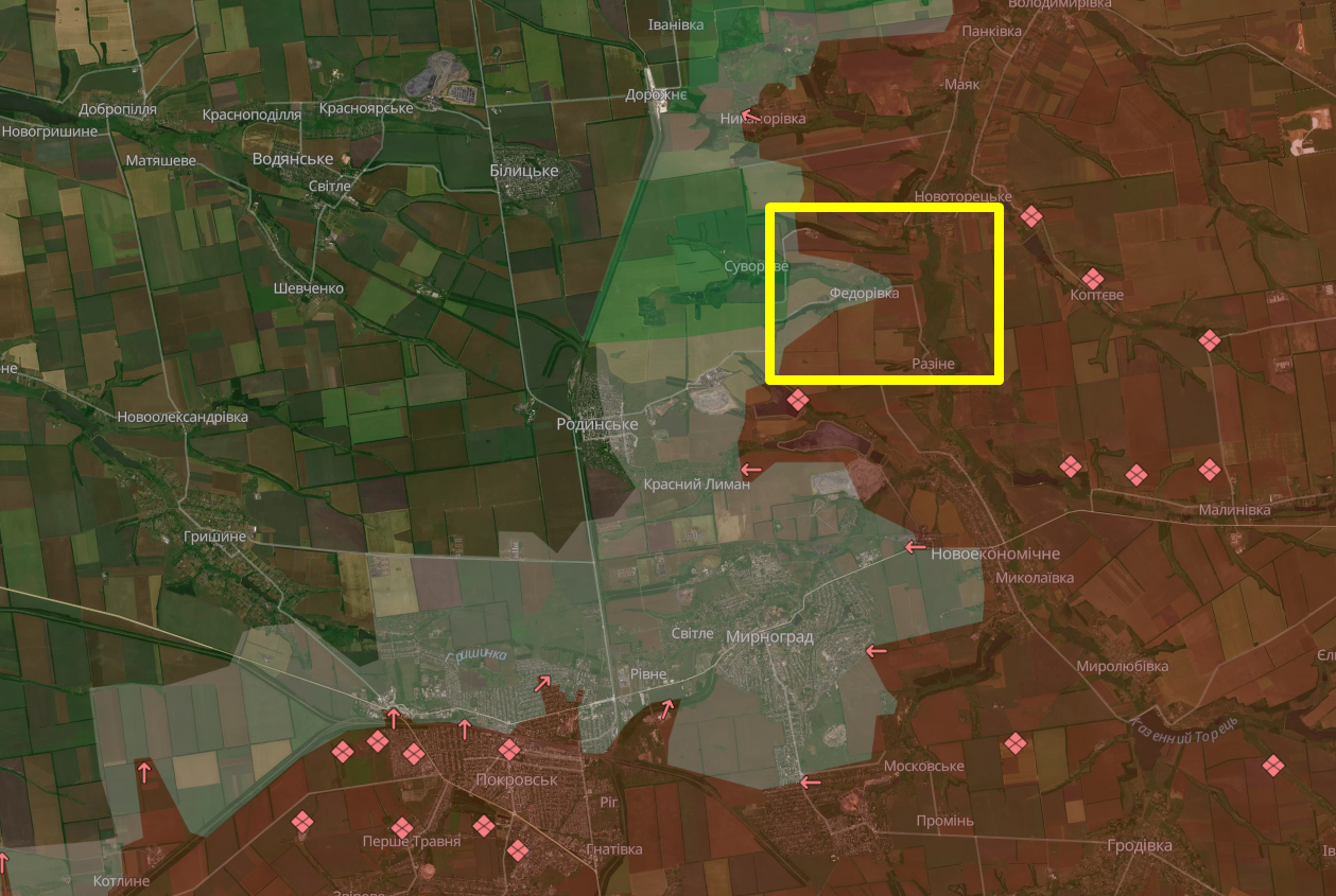 The area of the failed Russian massive mechanized assault on December 22, 2025. DeepState map