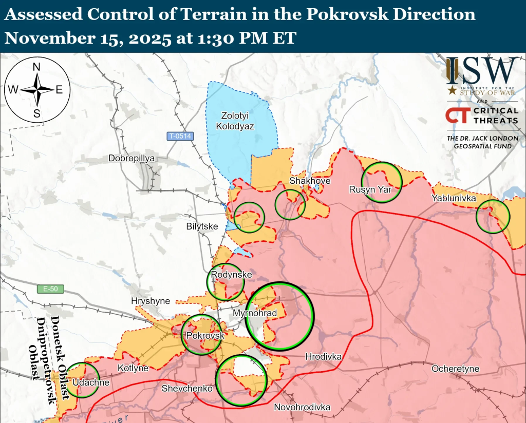 Situation in Myrnohrad, Donetsk region, as of November 15, 2025, on the ISW map