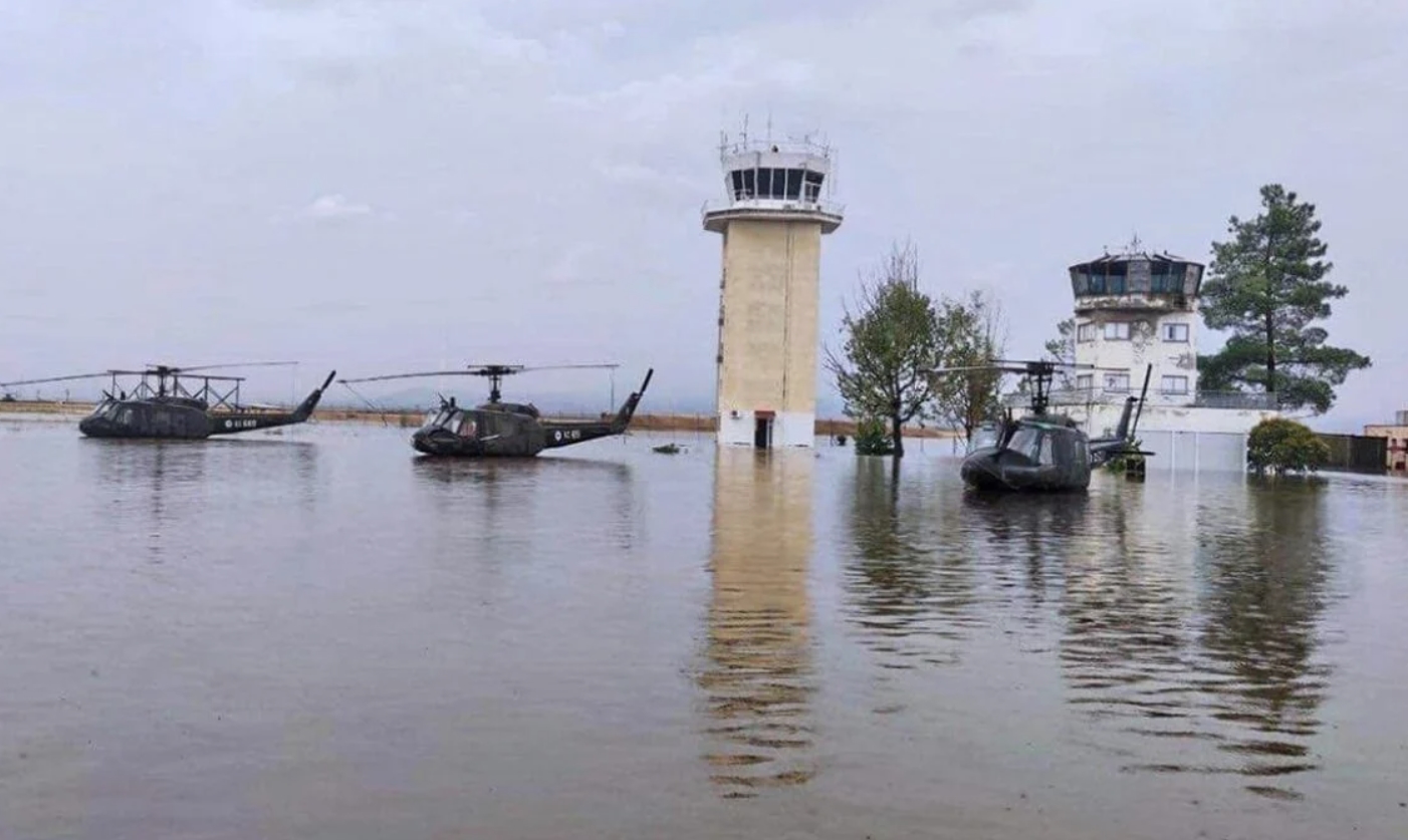 Flooded Greek helicopters at the air base. 2023. Source: Greek media