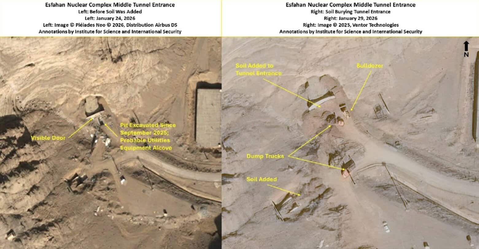 Двері середнього входу були ще видимі 24 січня (ліворуч). Станом на 29 січня вхід заблокований землею (праворуч). Джерело: @TheGoodISIS