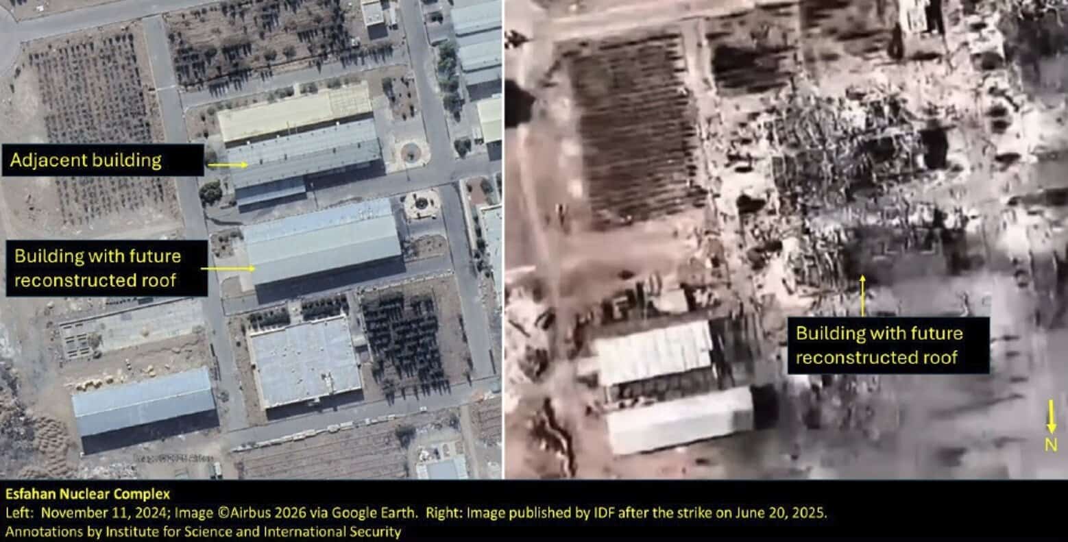 Порівняння будівель в Ісфагані до удару та післяударного зображення, опублікованого Армією оборони Ізраїлю