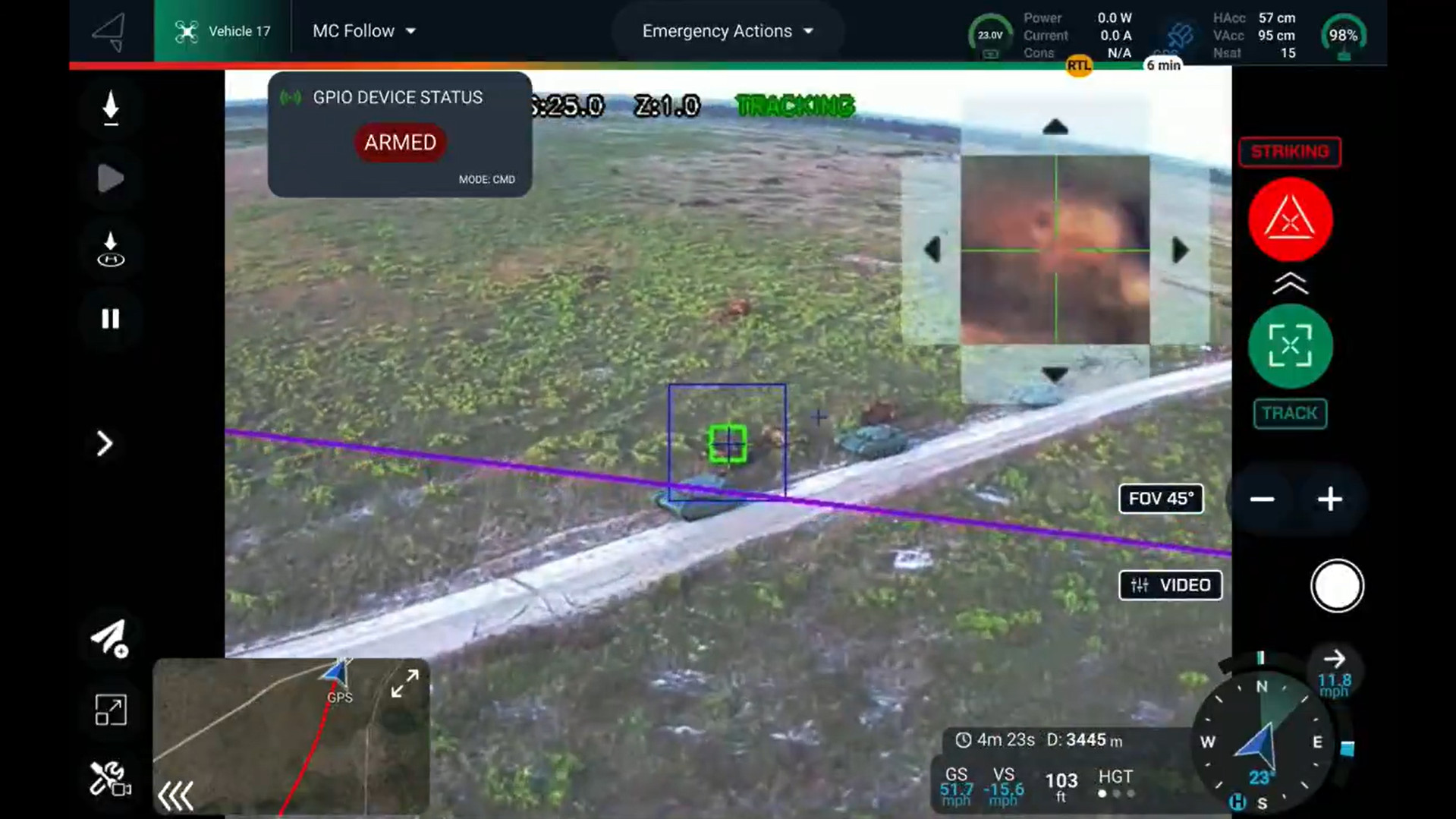 Autonomous targeting of a drone by Auterion during a drone swarm test. Screenshot from Auterion video