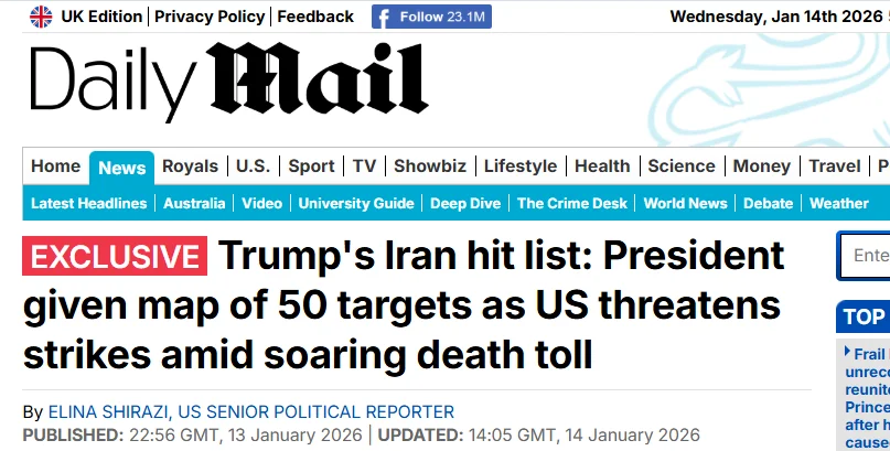 Публікація Daily Mail від 14.01.2026р. Trump's Iran hit list: President given map of 50 targets as US threatens strikes amid soaring death toll. Скріншот.