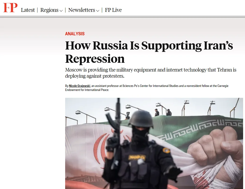 Публікація Foreign Policy від 14.01.2026р. How Russia Is Supporting Iran’s Repression. Скріншот.