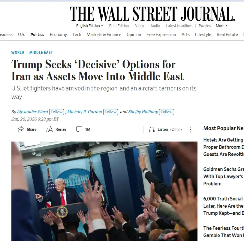 Публікація The Wall Street Journal від 21.01.2026. Trump Seeks ‘Decisive’ Options for Iran as Assets Move Into Middle East. Скріншот.