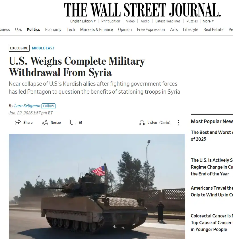 Публікація The Wall Street Journal від 23.01.2026. U.S. Weighs Complete Military Withdrawal From Syria. Скріншот.