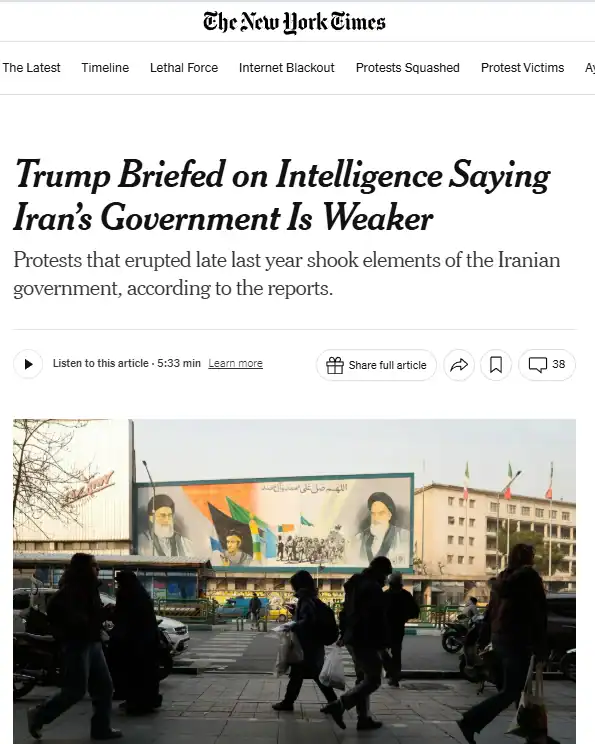 Публікація The New York Times від 26.01.2026. Trump Briefed on Intelligence Saying Iran’s Government Is Weaker. Скріншот.