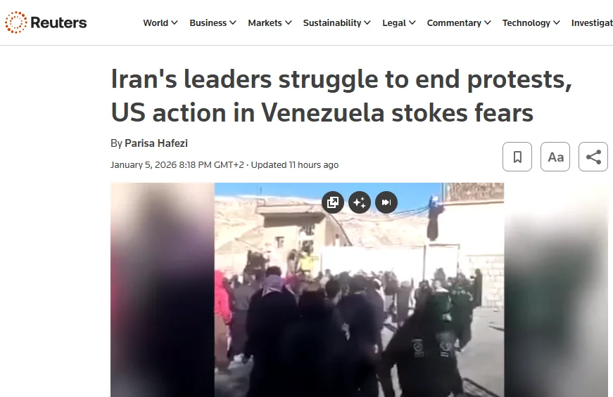 Публікація Reuters 5.01.2026. Iran's leaders struggle to end protests, US action in Venezuela stokes fears. Скріншот.