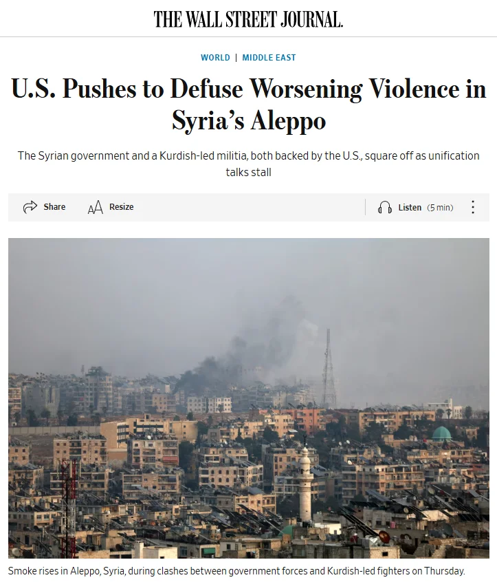 Публікація The Wall Street Journal від 8.01.2026. U.S. Pushes to Defuse Worsening Violence in Syria’s Aleppo. Скріншот.