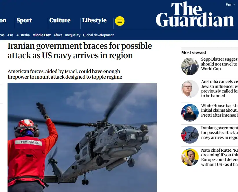 Публікація The Guardian від 26.02.2026р. Iranian government braces for possible attack as US navy arrives in region. Скріншот.