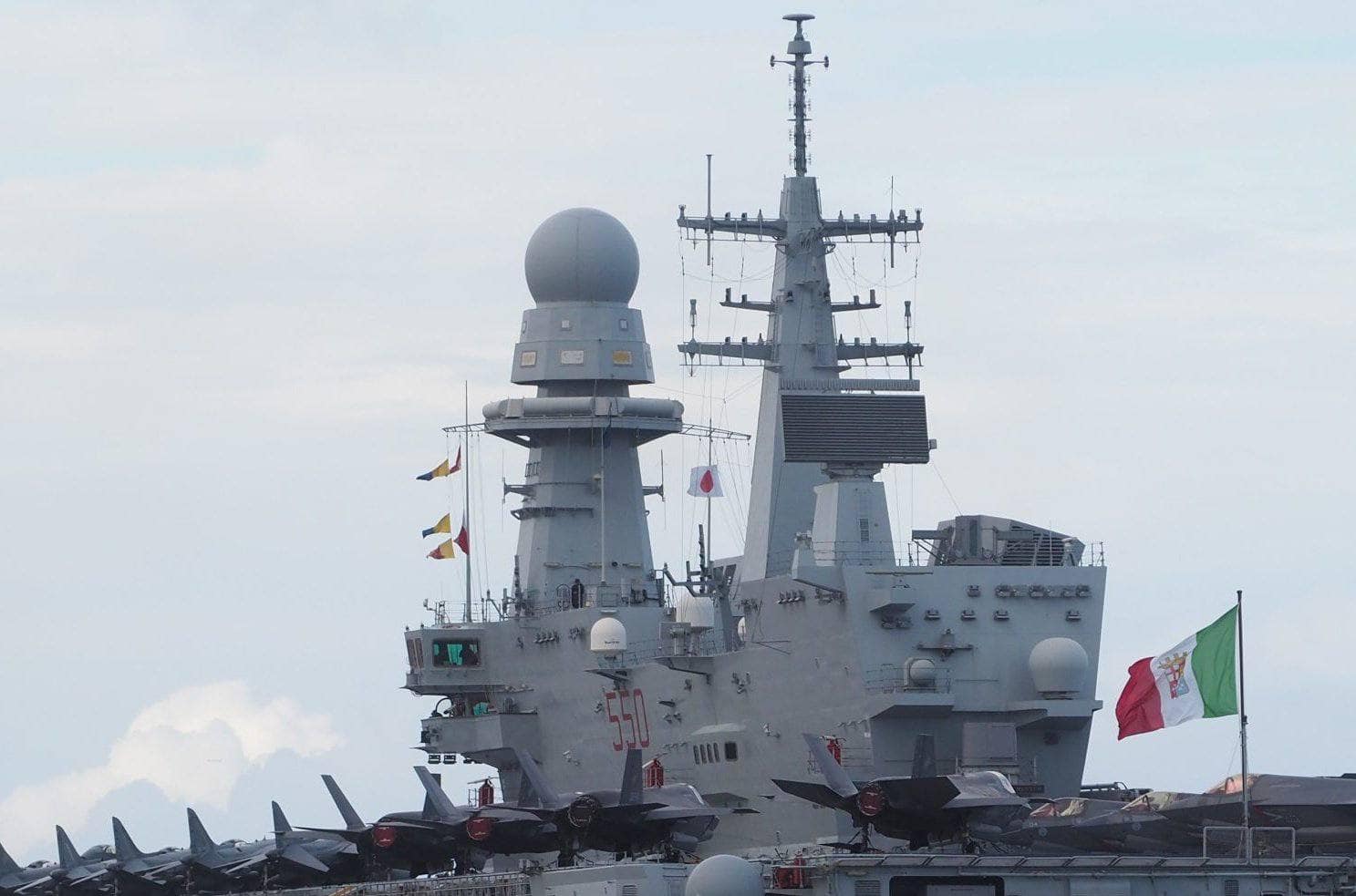Radar systems on the superstructure of the Italian aircraft carrier Cavour. Photo credits: Italian Navy.